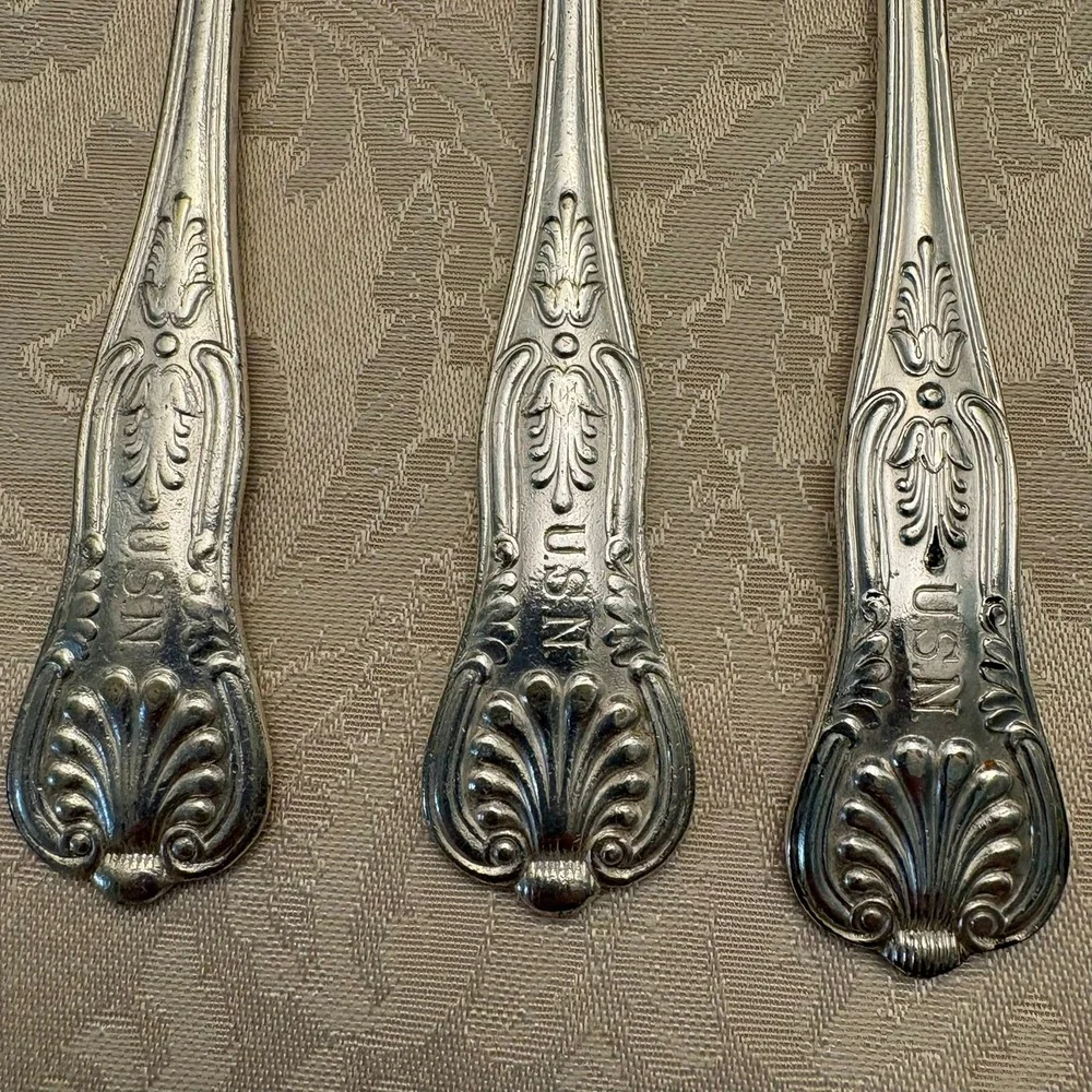 WWII US Navy Officer's Mess Silverplate Flatware 6pc Kings Design USN 1940s